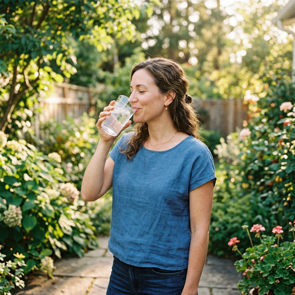 Woman drinking a glass of water in a garden.
