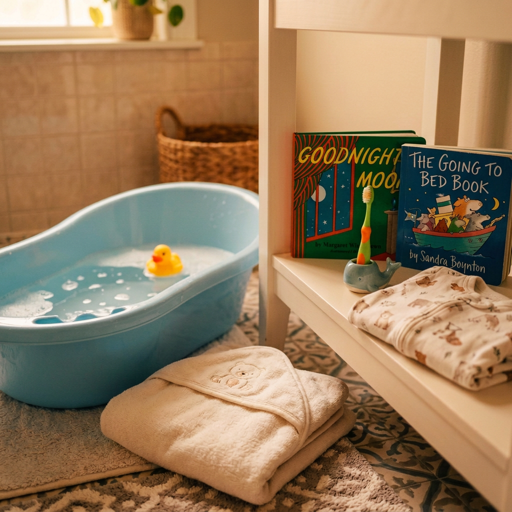 Blue baby bathtub with rubber duck beside bedtime books and folded towels